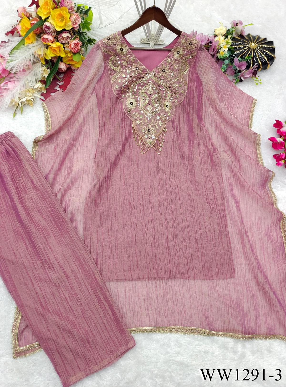 Pink Color Salsa Crunch Silk With Sequience Work Top Plazzo