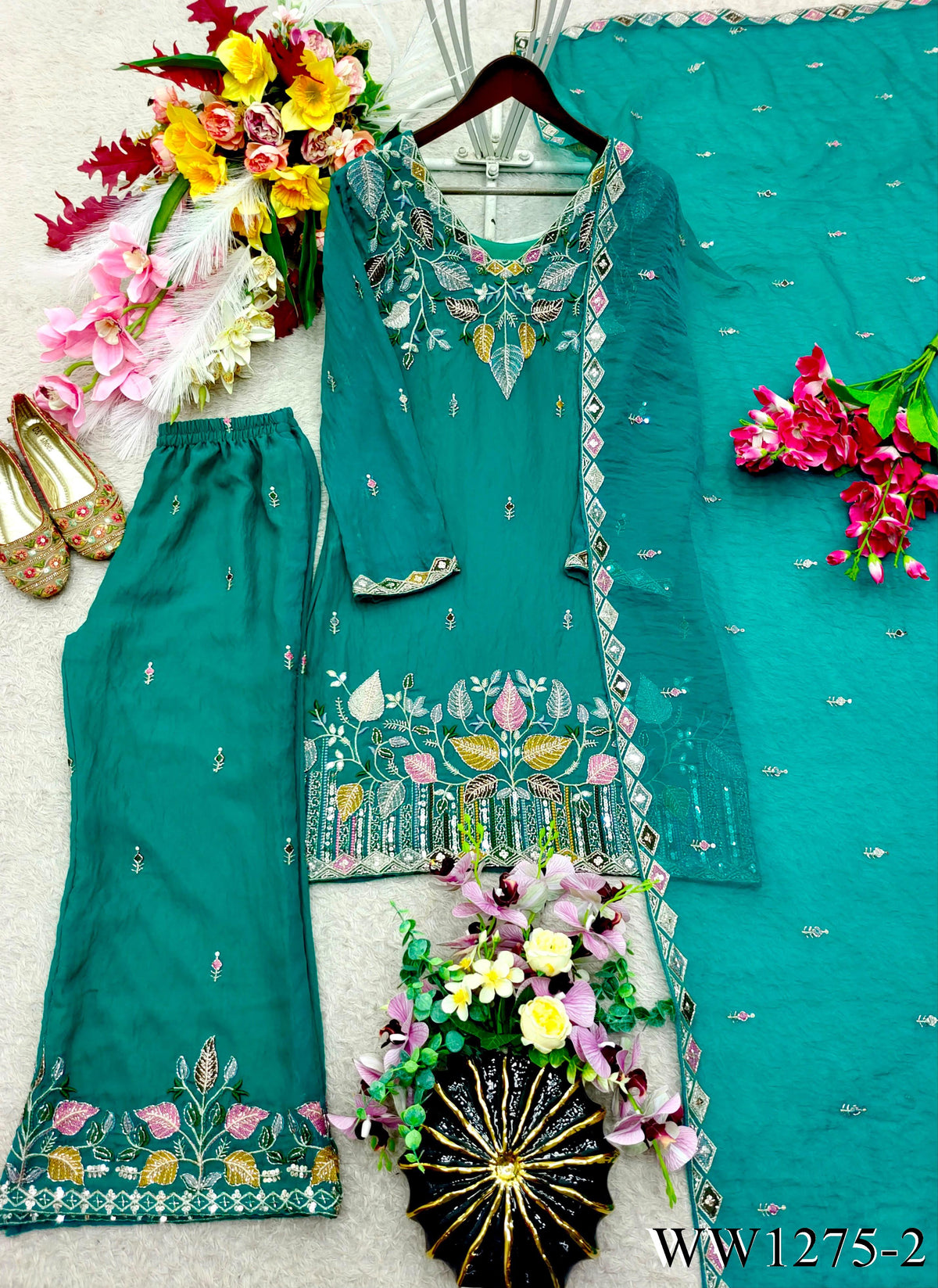 Sky Color Moss Silk With Embroidery Sequience Work Top Plazzo