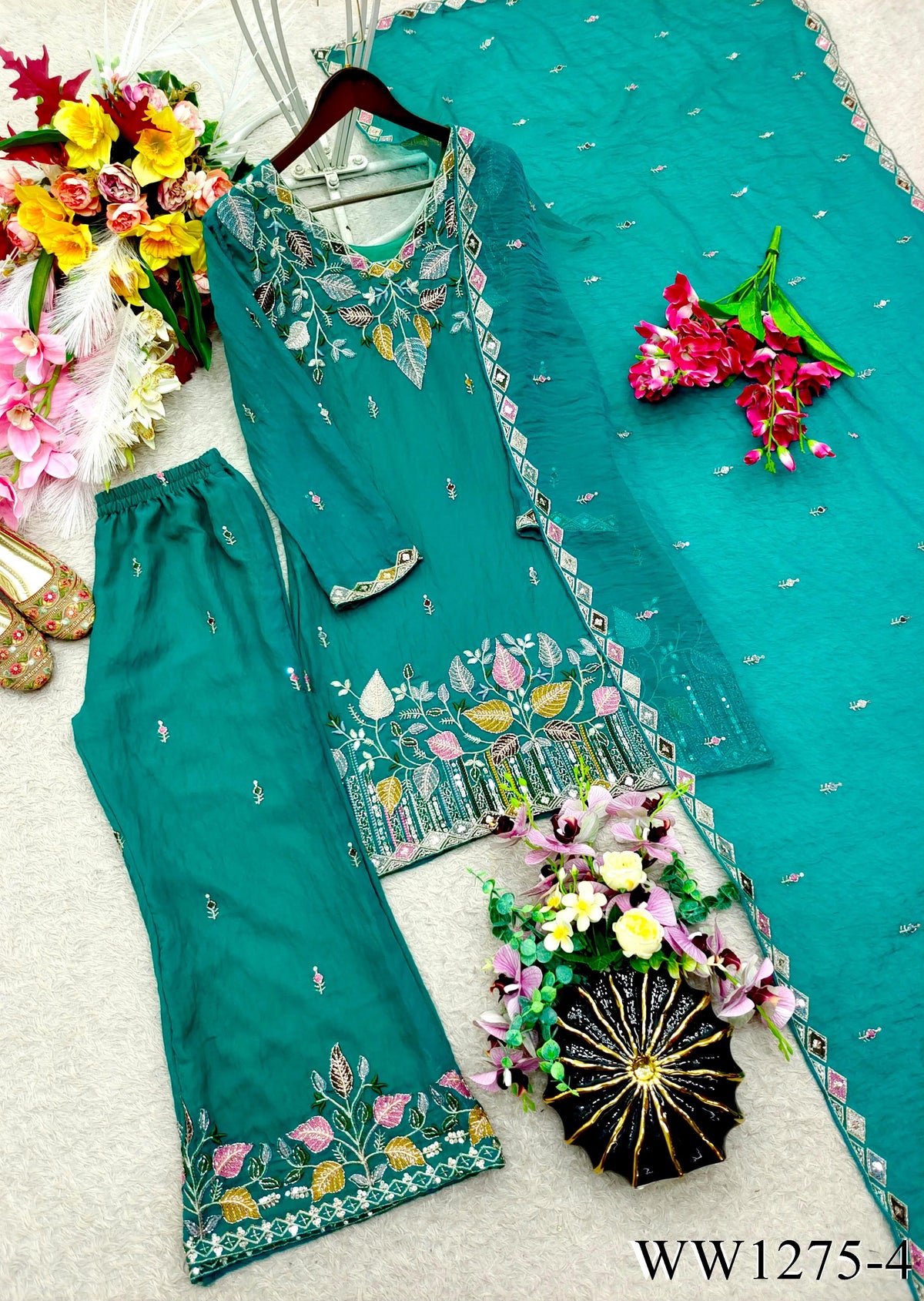 Sky Color Moss Silk With Embroidery Sequience Work Top Plazzo