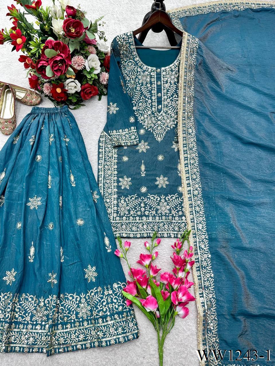 Blue Color Beautifull Gmy Silk With Sequience Work Top Sharara