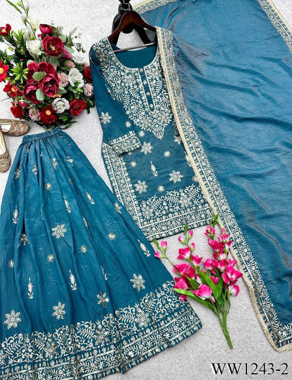 Blue Color Beautifull Gmy Silk With Sequience Work Top Sharara