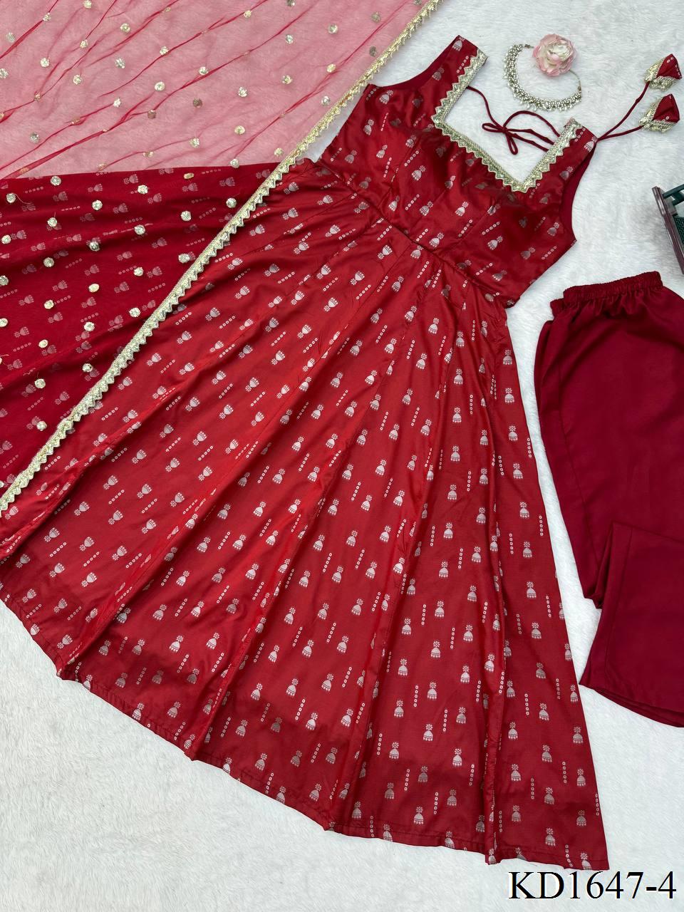 Red Color Jacquard Butti With Fancy Lace Work Anarkali