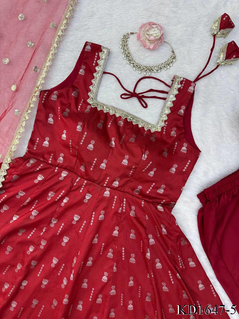 Red Color Jacquard Butti With Fancy Lace Work Anarkali