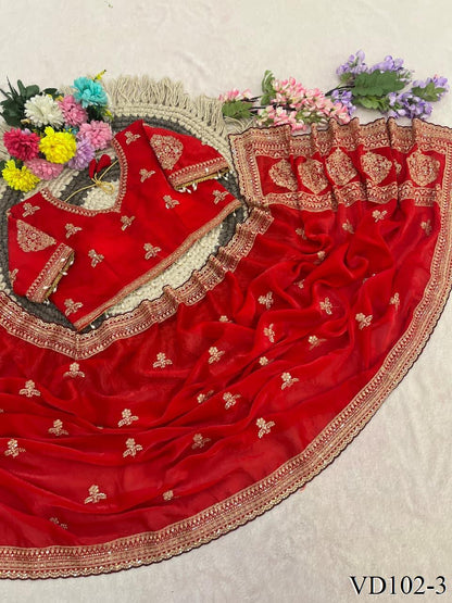 Red Color Soft Shining Embroidery Work Saree