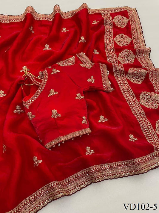 Red Color Soft Shining Embroidery Work Saree