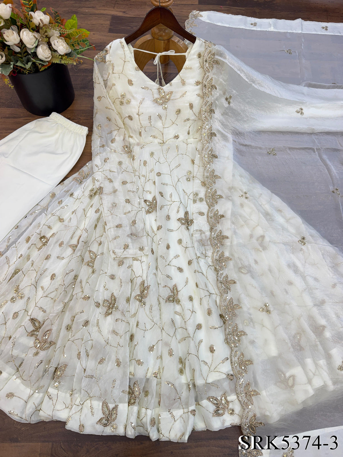White Color Fendy Silk With Embroidery Work Gown