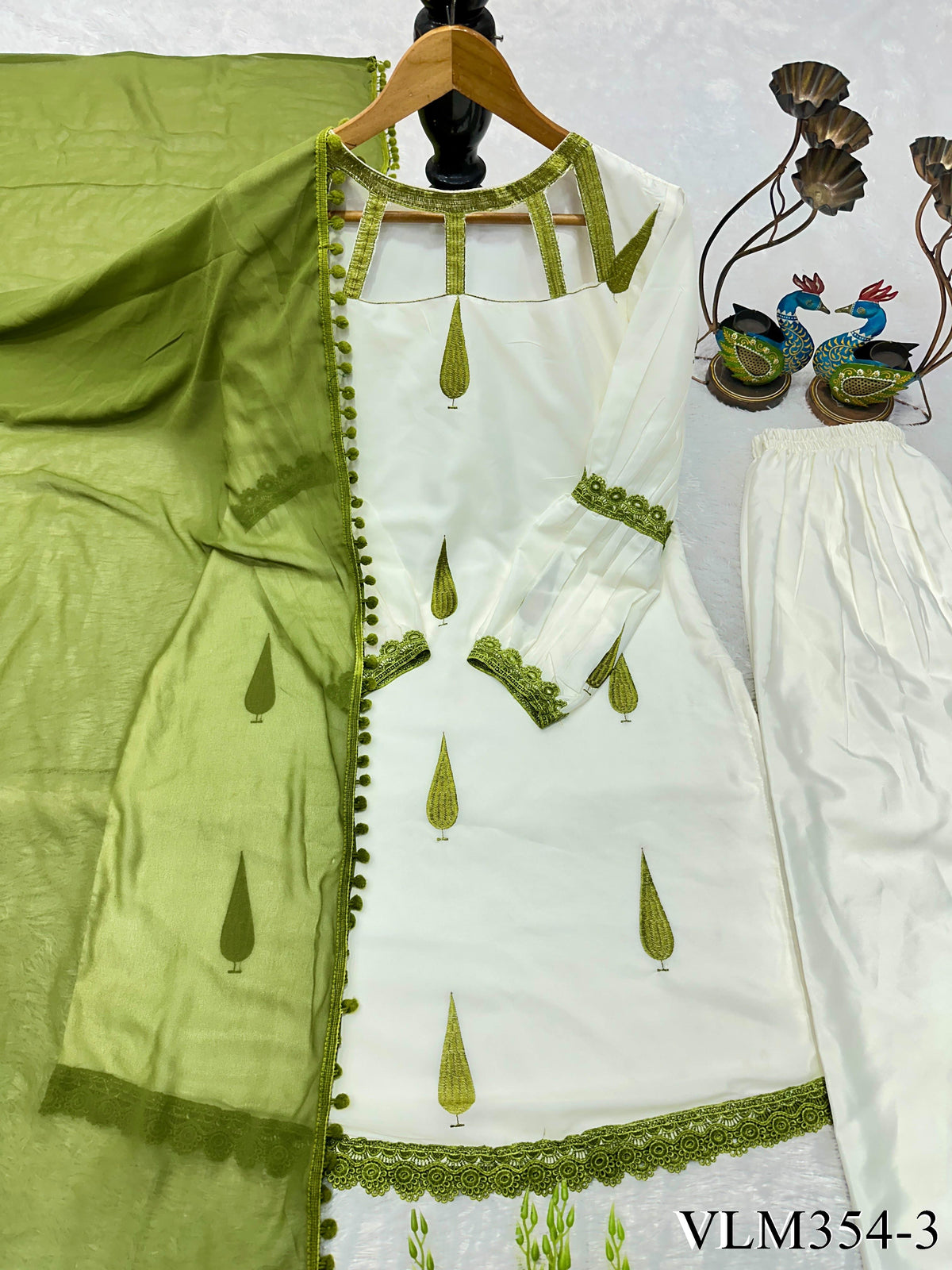 White Color Franch Crep With Embroidery Work Top Pent