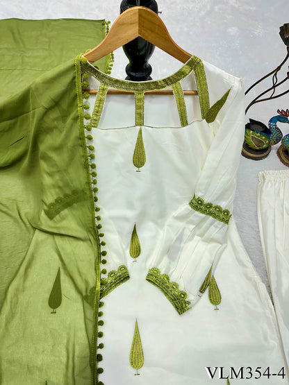 White Color Franch Crep With Embroidery Work Top Pent