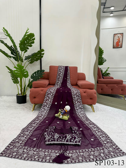 Beautifull Faux Georgette Elegent Embroidery Work Saree