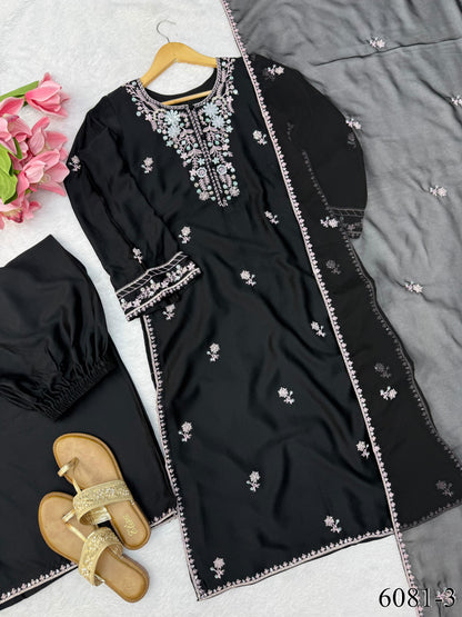 Rayon Satin Top Pant Set with Sequin Work & Dupatta