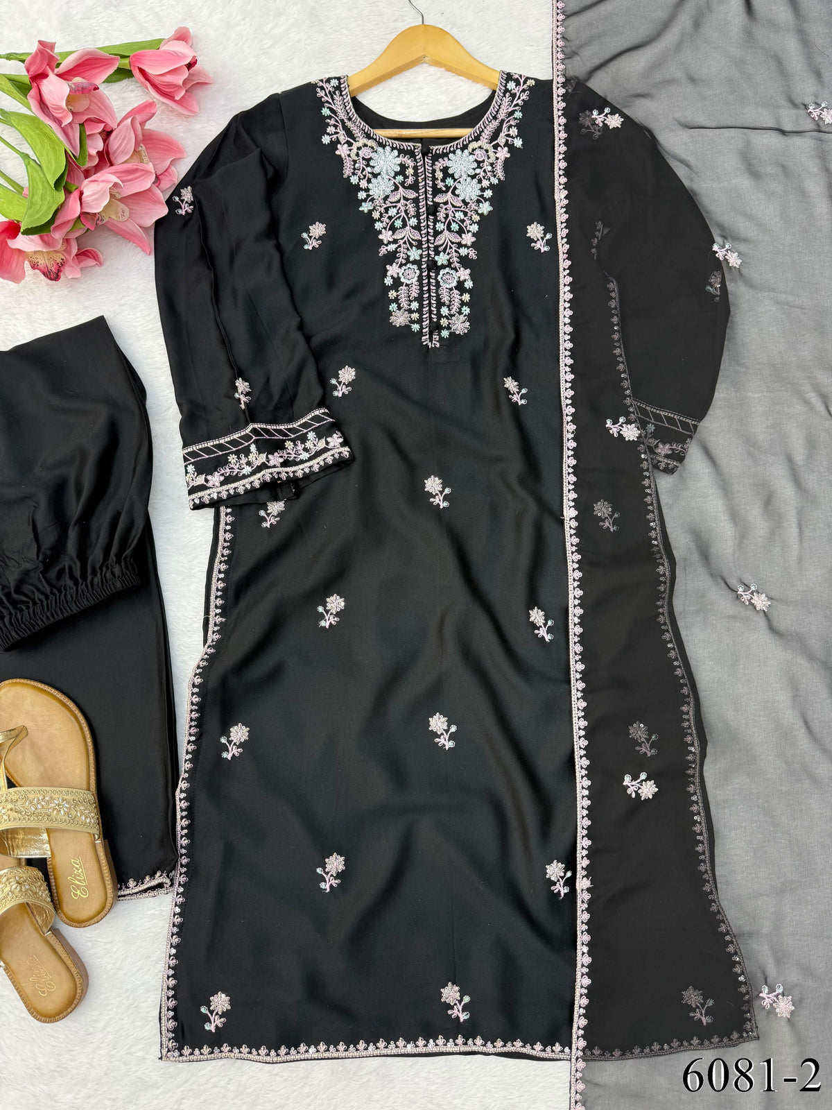 Rayon Satin Top Pant Set with Sequin Work & Dupatta