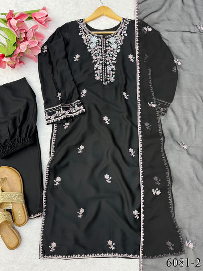 Rayon Satin Top Pant Set with Sequin Work & Dupatta
