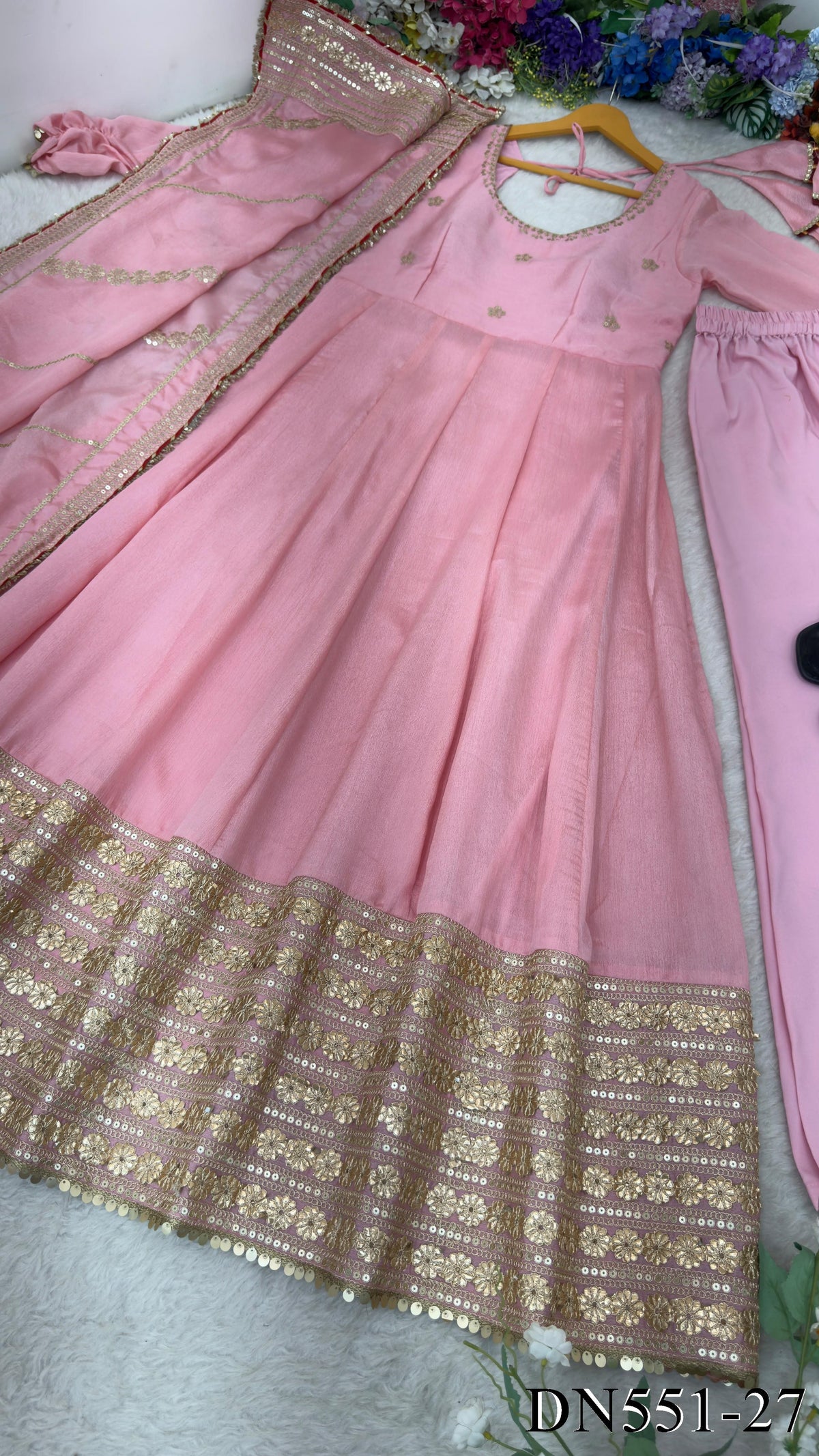 Chinon Silk Embroidered Gown with Sequin Work & Dupatta
