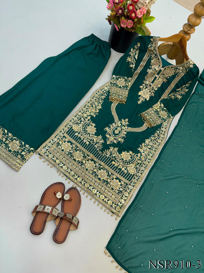Faux Georgette Top Pant Set with Heavy Embroidery & Sequin Work