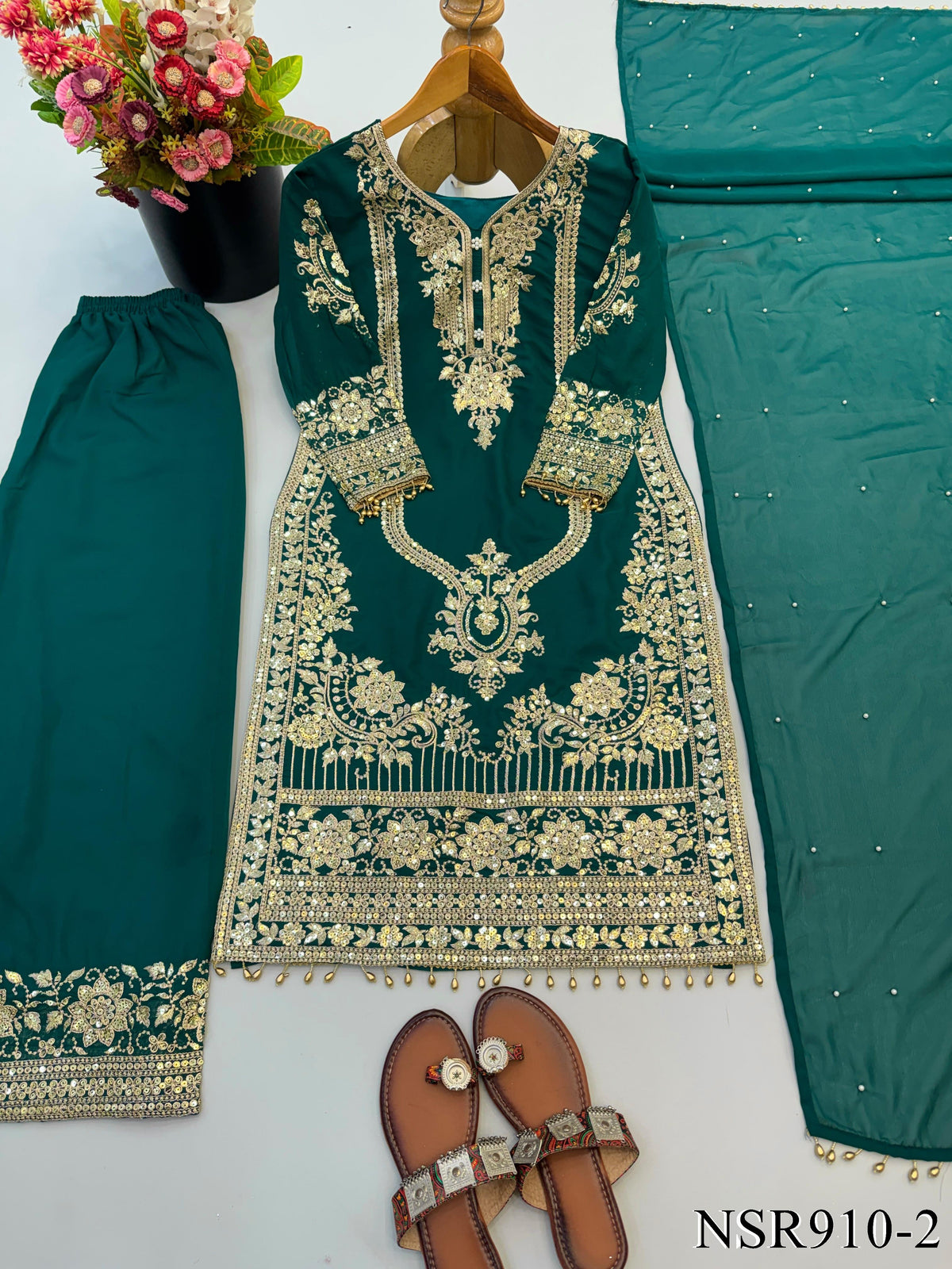 Faux Georgette Top Pant Set with Heavy Embroidery & Sequin Work