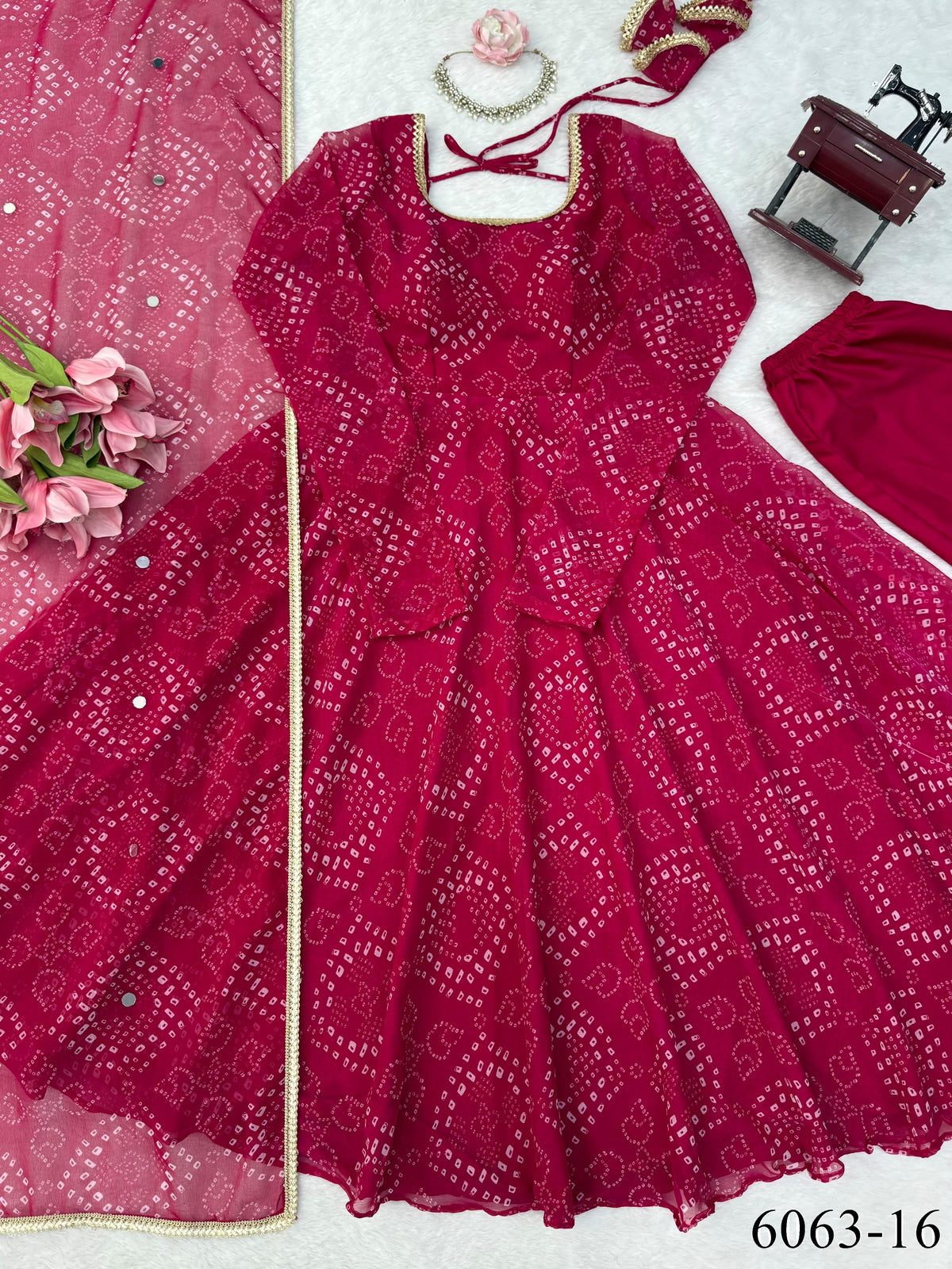 Faux Georgette Anarkali Suit with Digital Print & Mirror Work
