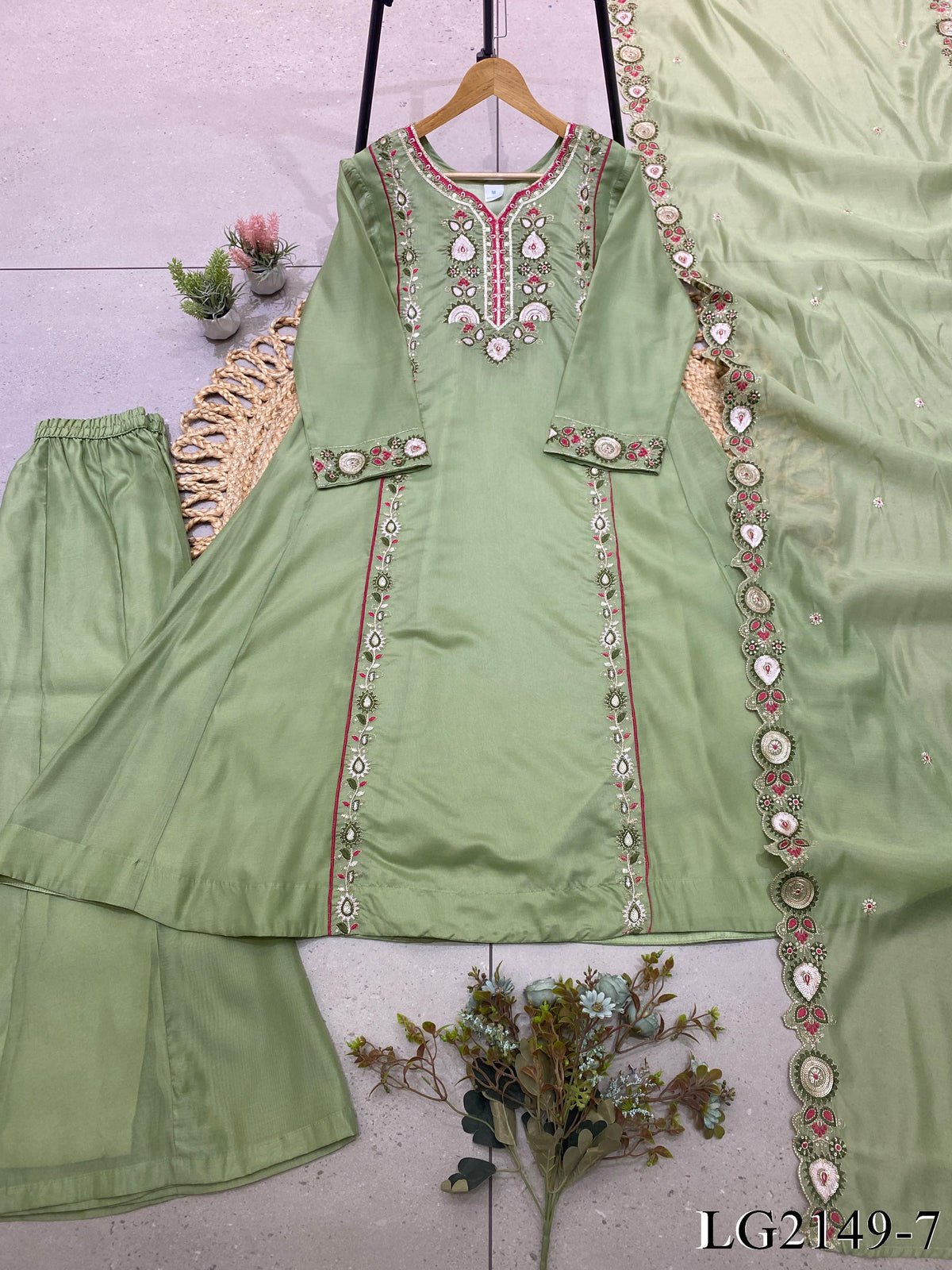 Mul Chanderi Top Pant Set with Sequin Embroidery & Cut Work