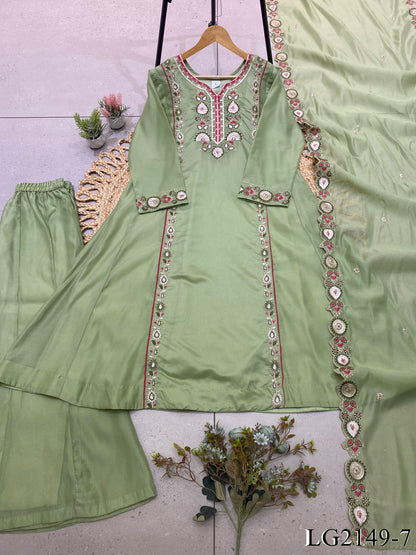 Mul Chanderi Top Pant Set with Sequin Embroidery & Cut Work