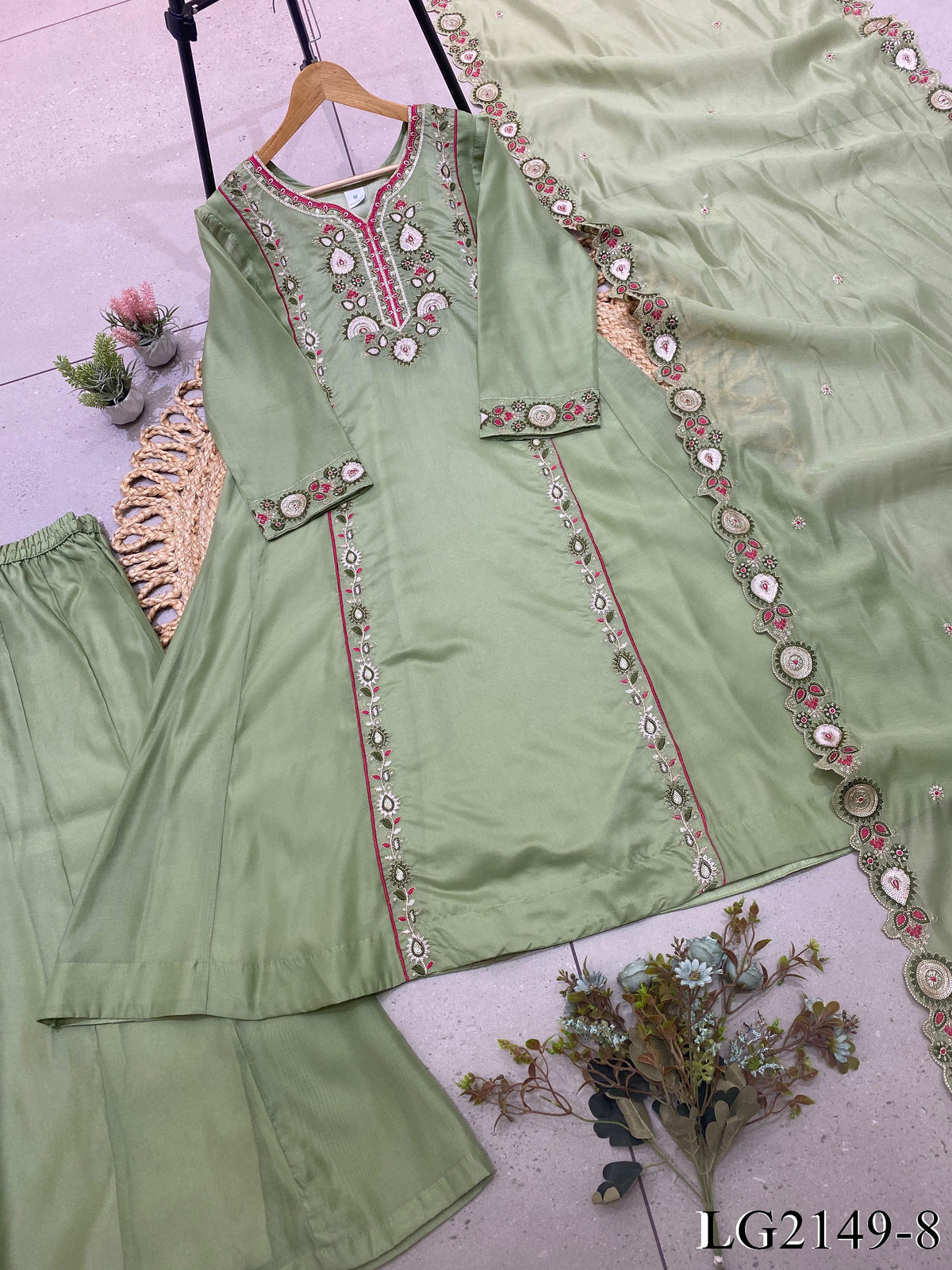 Mul Chanderi Top Pant Set with Sequin Embroidery & Cut Work