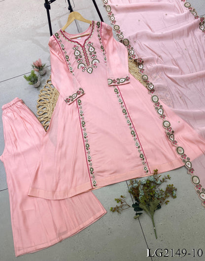 Mul Chanderi Top Pant Set with Sequin Embroidery & Cut Work