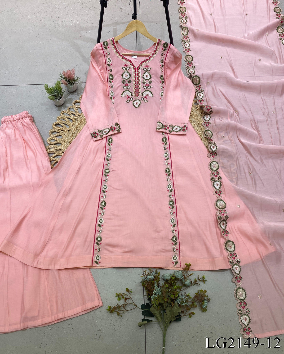 Mul Chanderi Top Pant Set with Sequin Embroidery & Cut Work