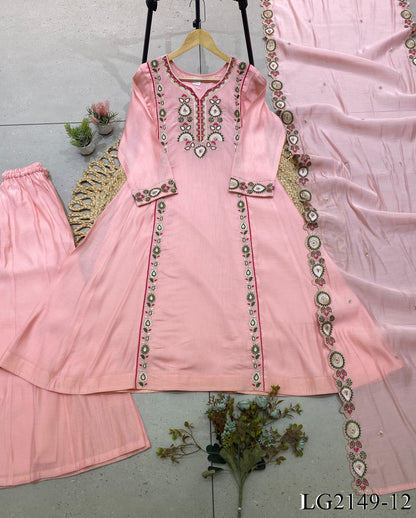 Mul Chanderi Top Pant Set with Sequin Embroidery & Cut Work