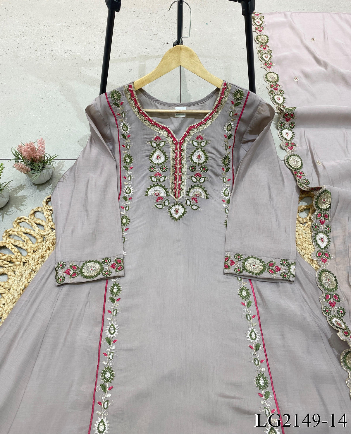Mul Chanderi Top Pant Set with Sequin Embroidery & Cut Work