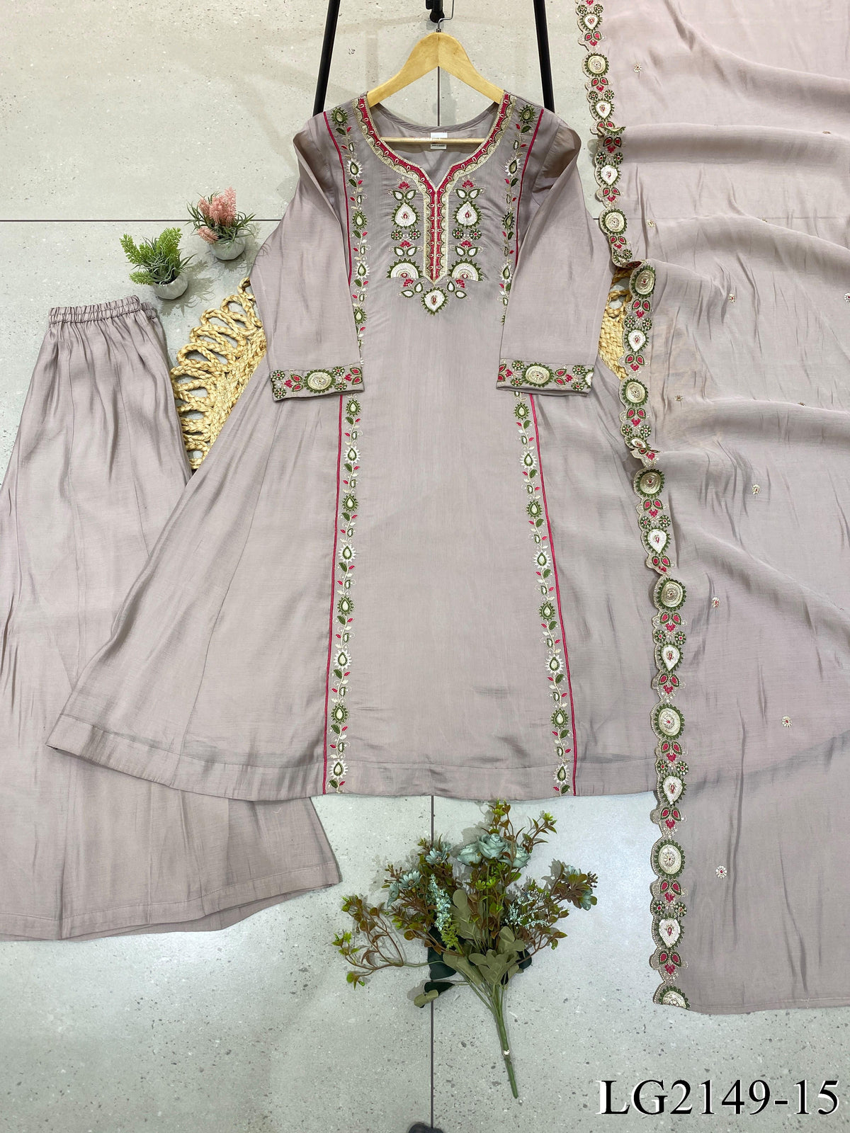Mul Chanderi Top Pant Set with Sequin Embroidery & Cut Work