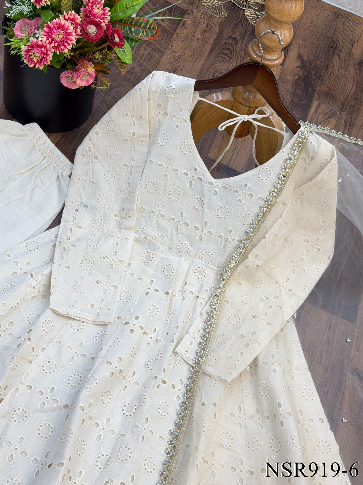 Pure Cotton Top Pant Set with Chiffli Work & Net Dupatta