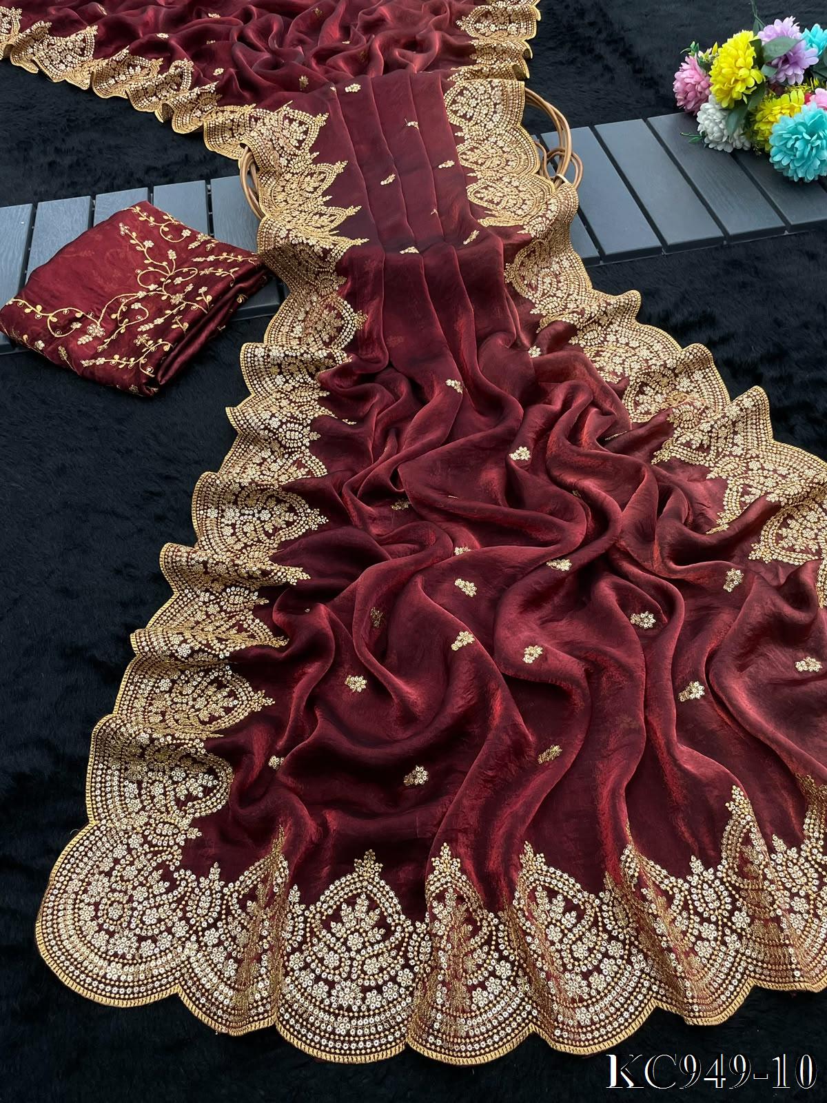 Dual Shaded Fendy Satin Saree with Sequin & Zari Embroidery Work