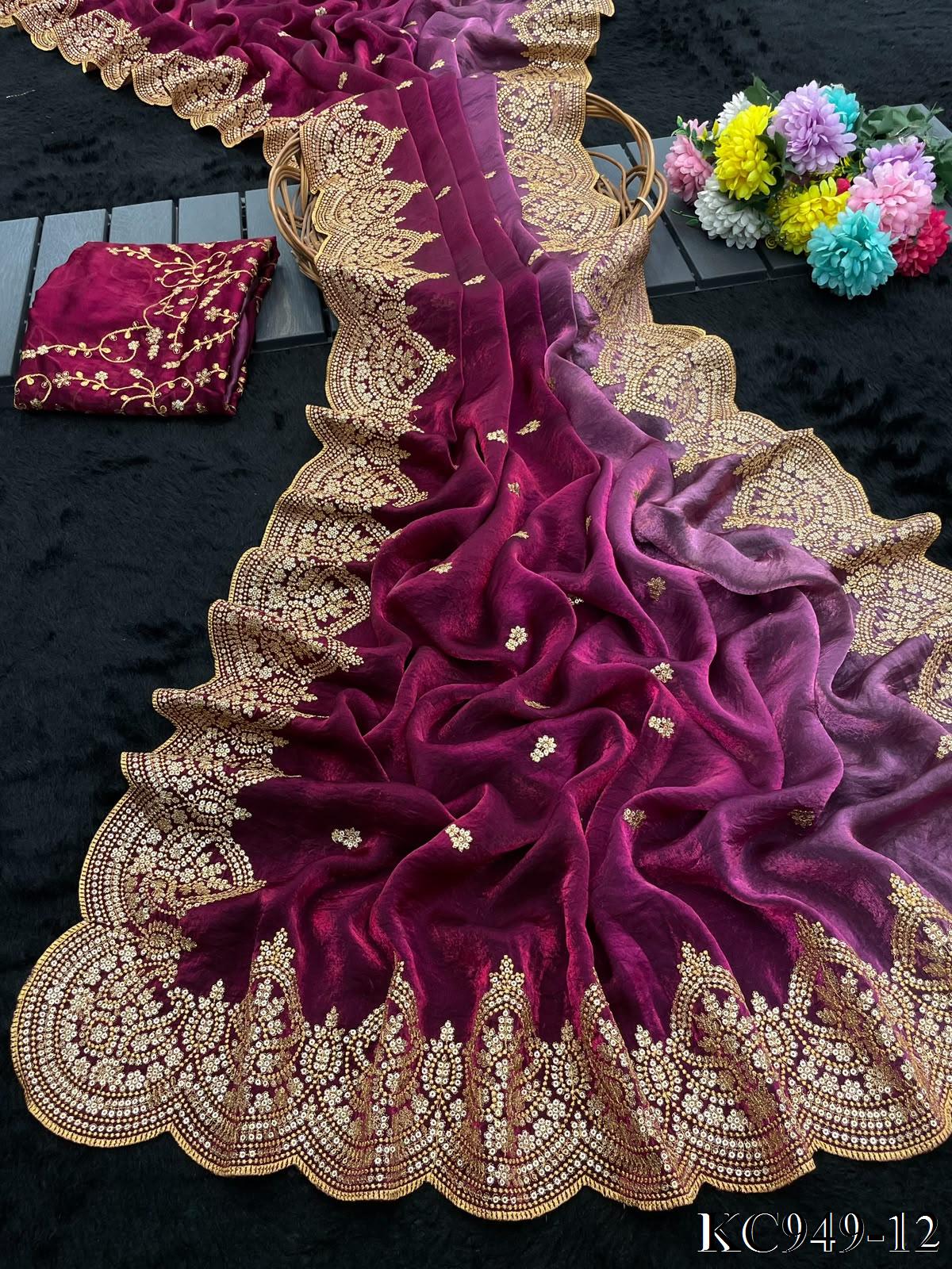 Dual Shaded Fendy Satin Saree with Sequin & Zari Embroidery Work