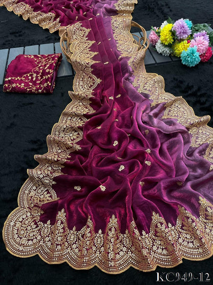 Dual Shaded Fendy Satin Saree with Sequin & Zari Embroidery Work