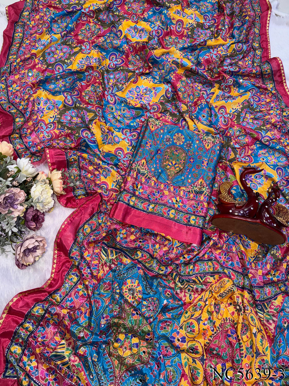 Soft Chinnon Printed Saree with Mirror, Sequin & Diamond Work