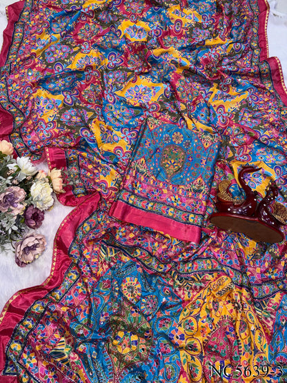 Soft Chinnon Printed Saree with Mirror, Sequin & Diamond Work