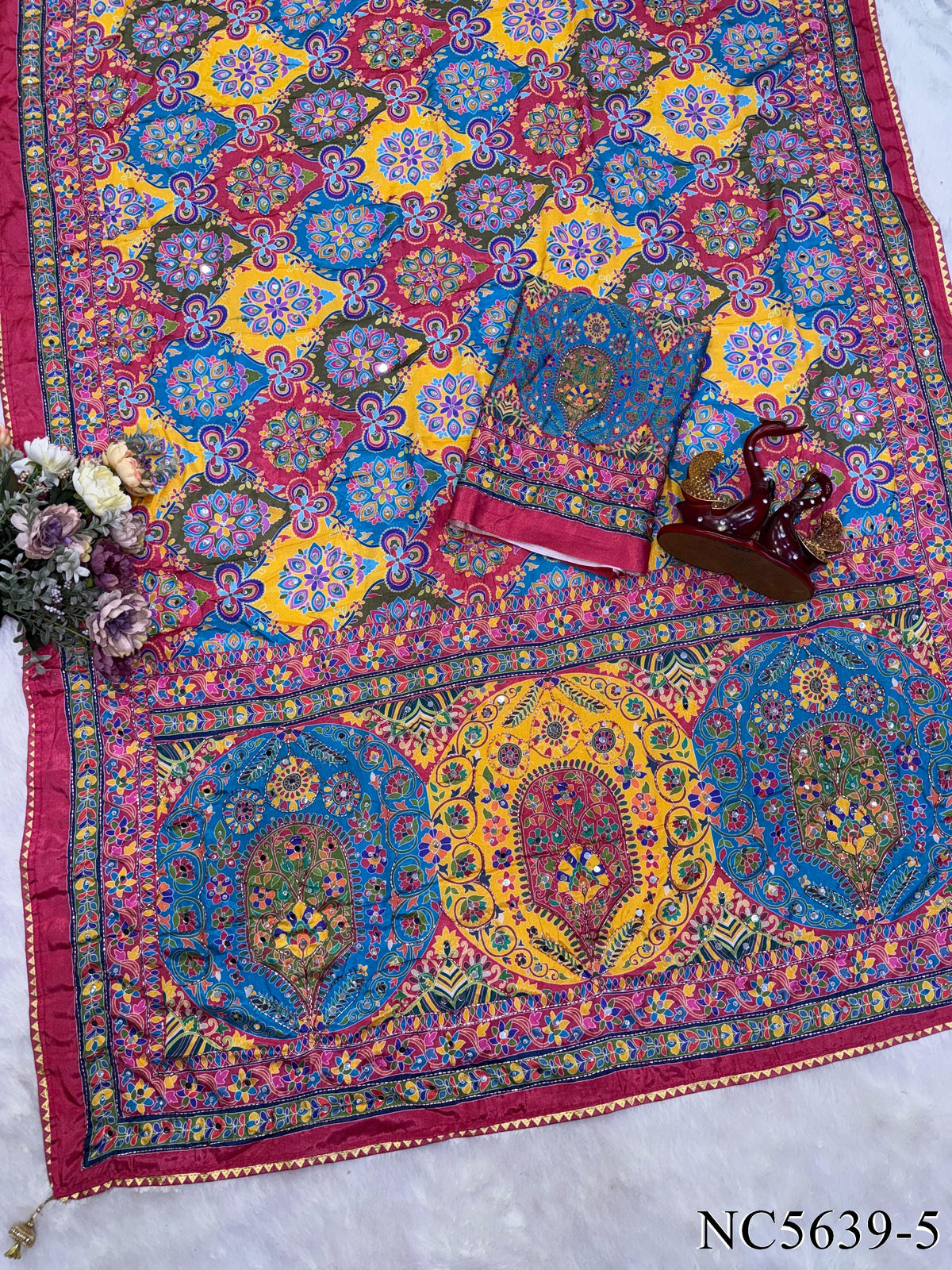 Soft Chinnon Printed Saree with Mirror, Sequin & Diamond Work