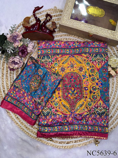 Soft Chinnon Printed Saree with Mirror, Sequin & Diamond Work