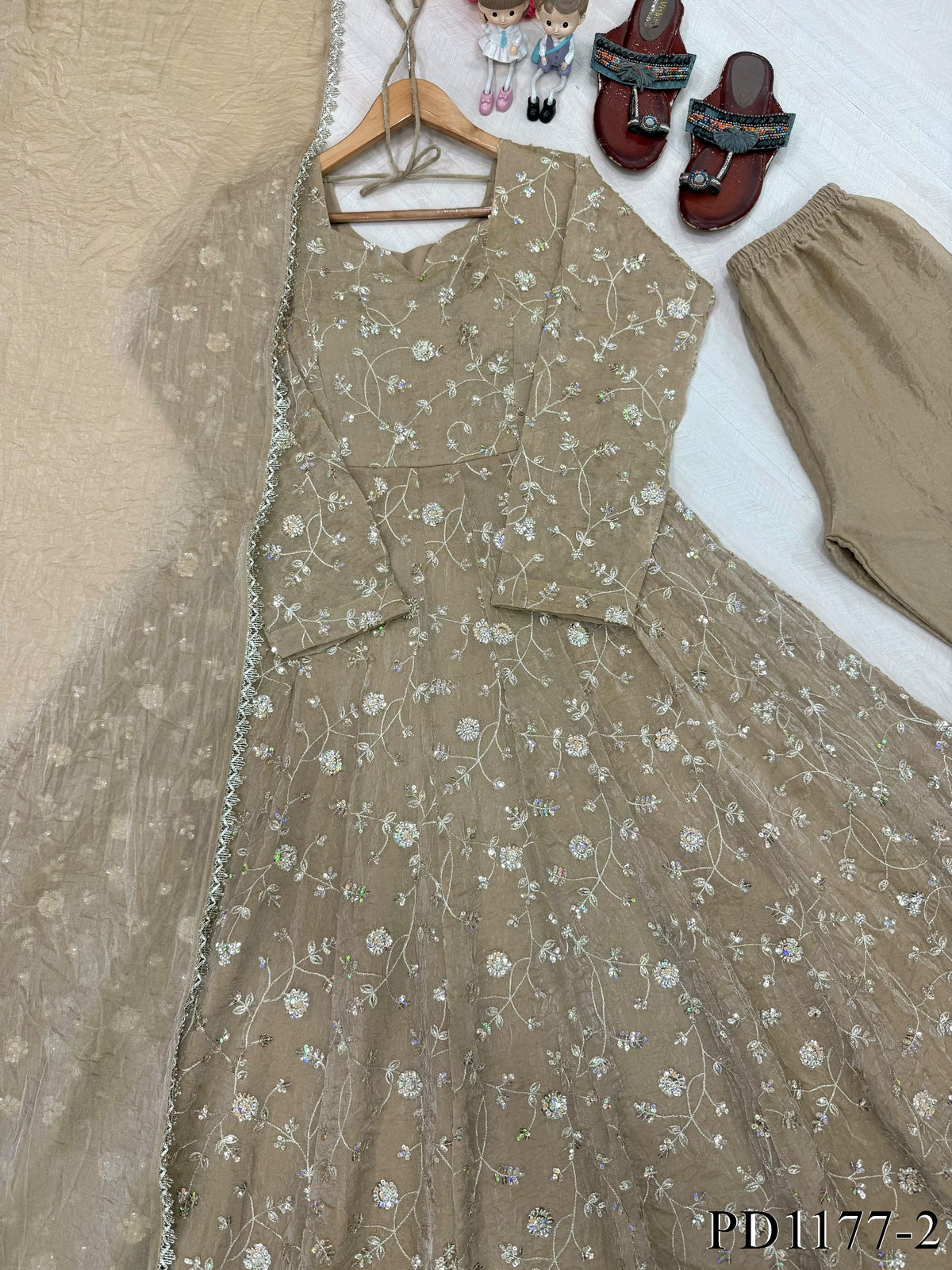 Heavy Fendi Crush Gown with Sequin Embroidery & Lace Dupatta