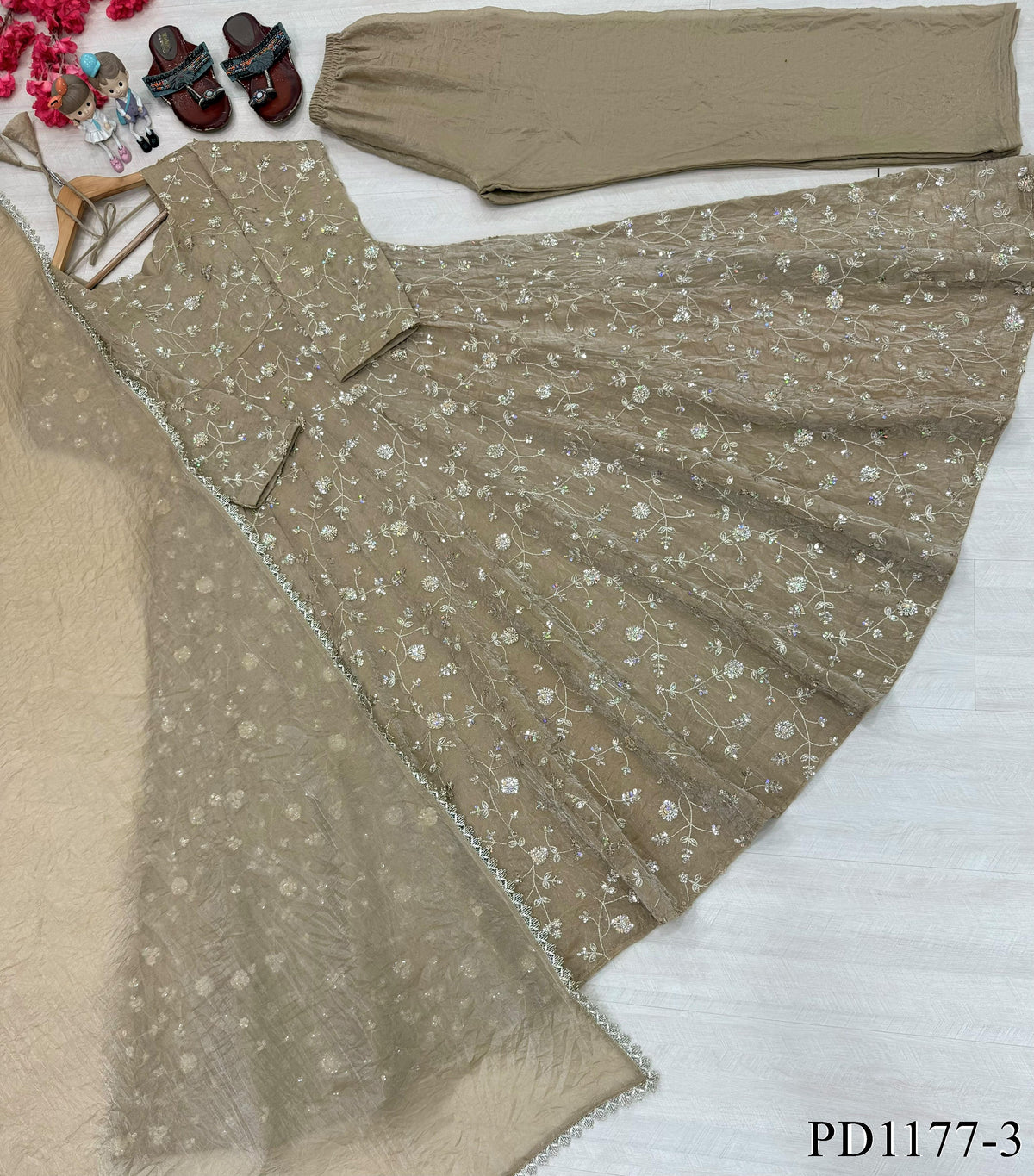 Heavy Fendi Crush Gown with Sequin Embroidery & Lace Dupatta