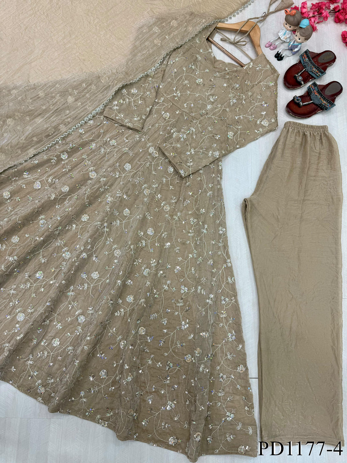 Heavy Fendi Crush Gown with Sequin Embroidery & Lace Dupatta