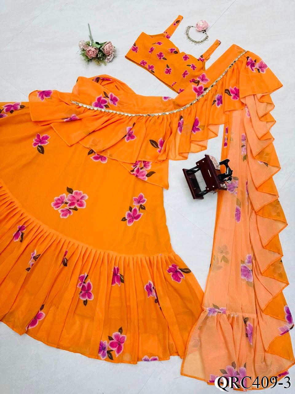 Faux Georgette Lehenga Set with Digital Print & Lace Dupatta