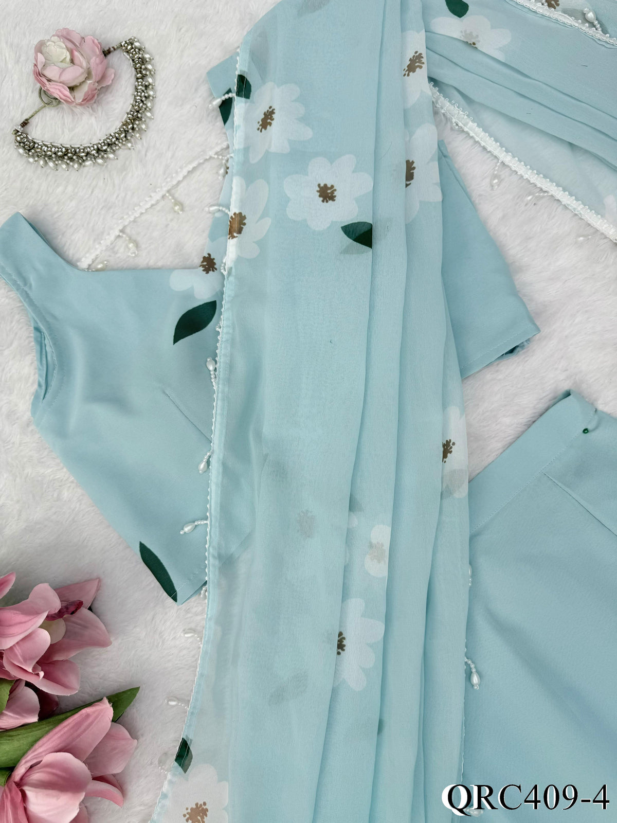 Faux Georgette Lehenga Set with Digital Print & Lace Dupatta