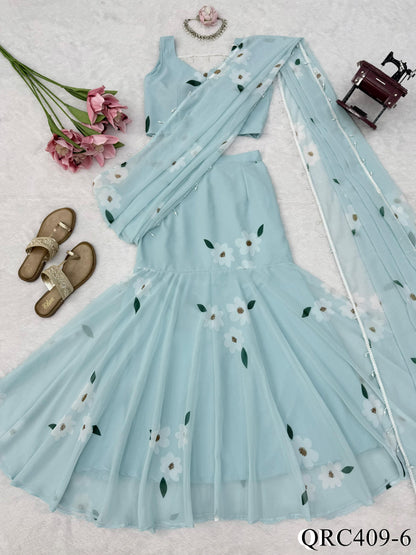 Faux Georgette Lehenga Set with Digital Print & Lace Dupatta