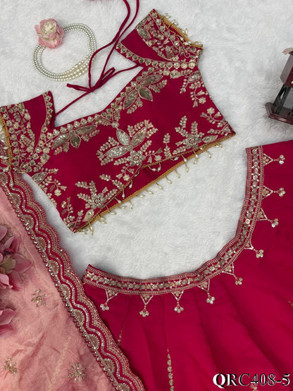 Mul Chanderi Lehenga Set with Thread & Sequin Embroidery and Cutwork Lace