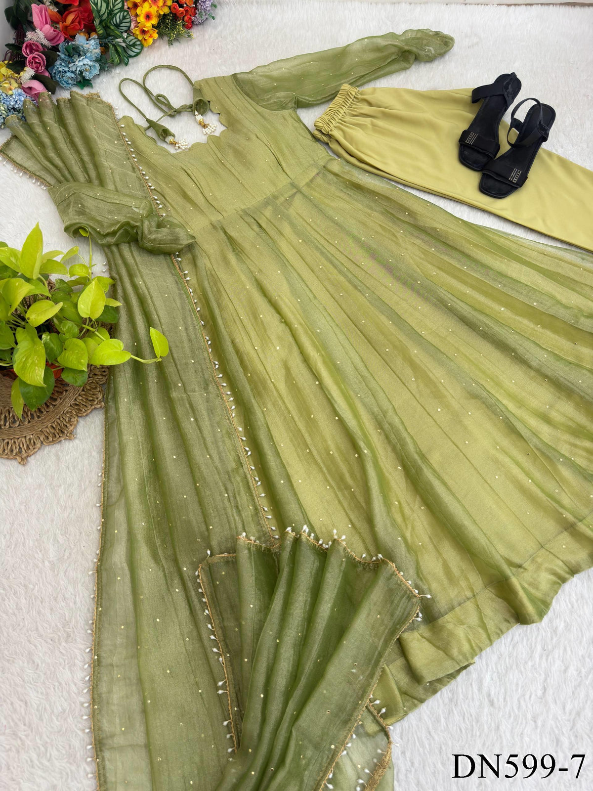 Salsa Silk Crush Gown with Foil Work & Lace Dupatta