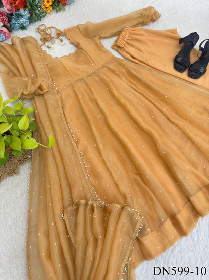Salsa Silk Crush Gown with Foil Work & Lace Dupatta