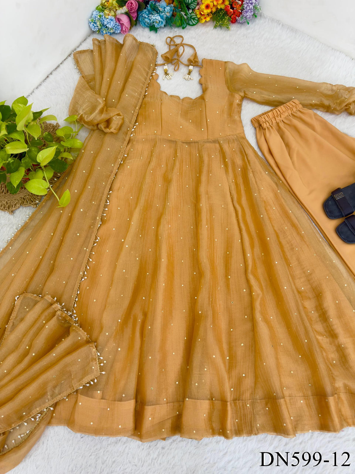 Salsa Silk Crush Gown with Foil Work & Lace Dupatta