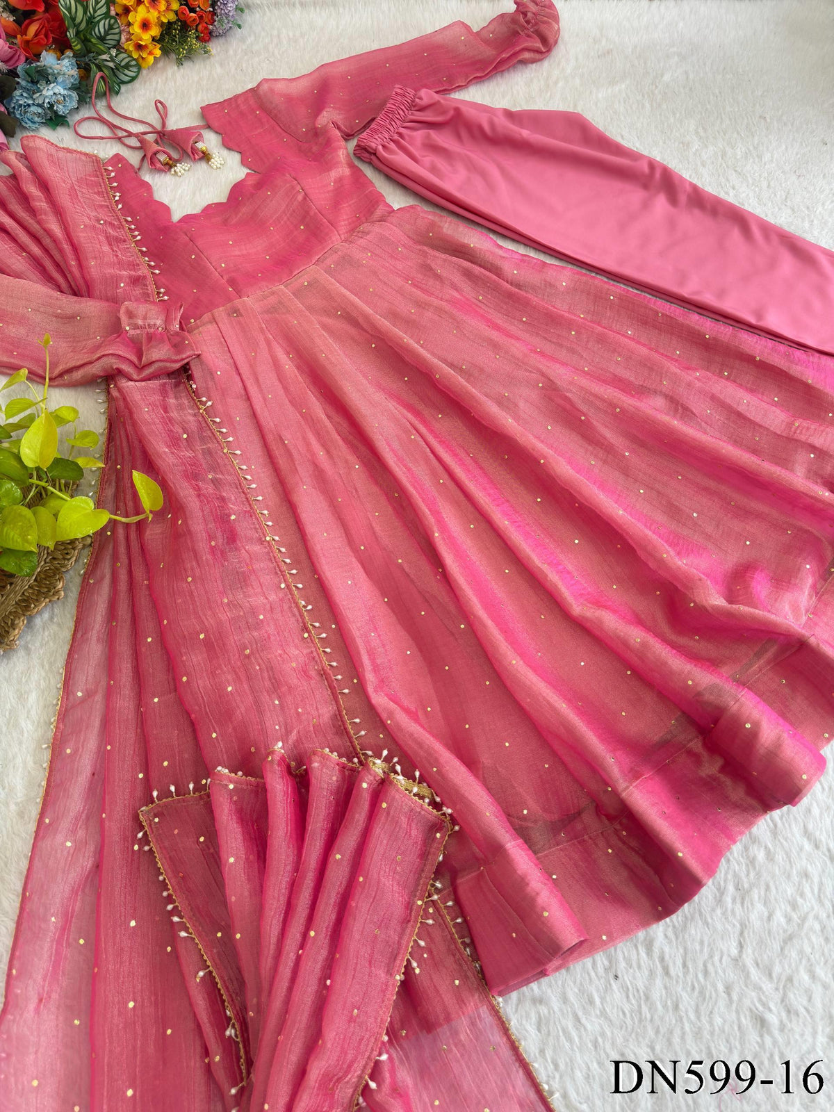 Salsa Silk Crush Gown with Foil Work & Lace Dupatta
