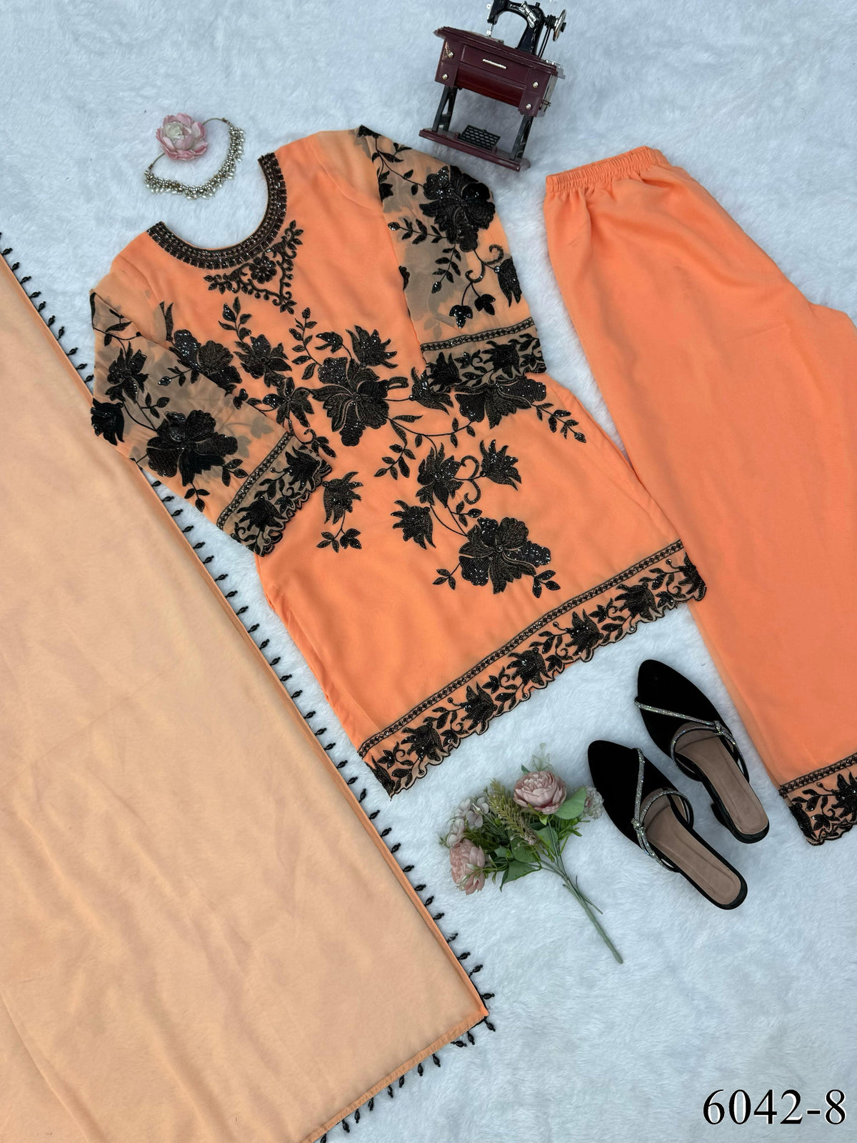 Faux Georgette Top Palazzo Set with Thread, Sequin & Cutwork Border