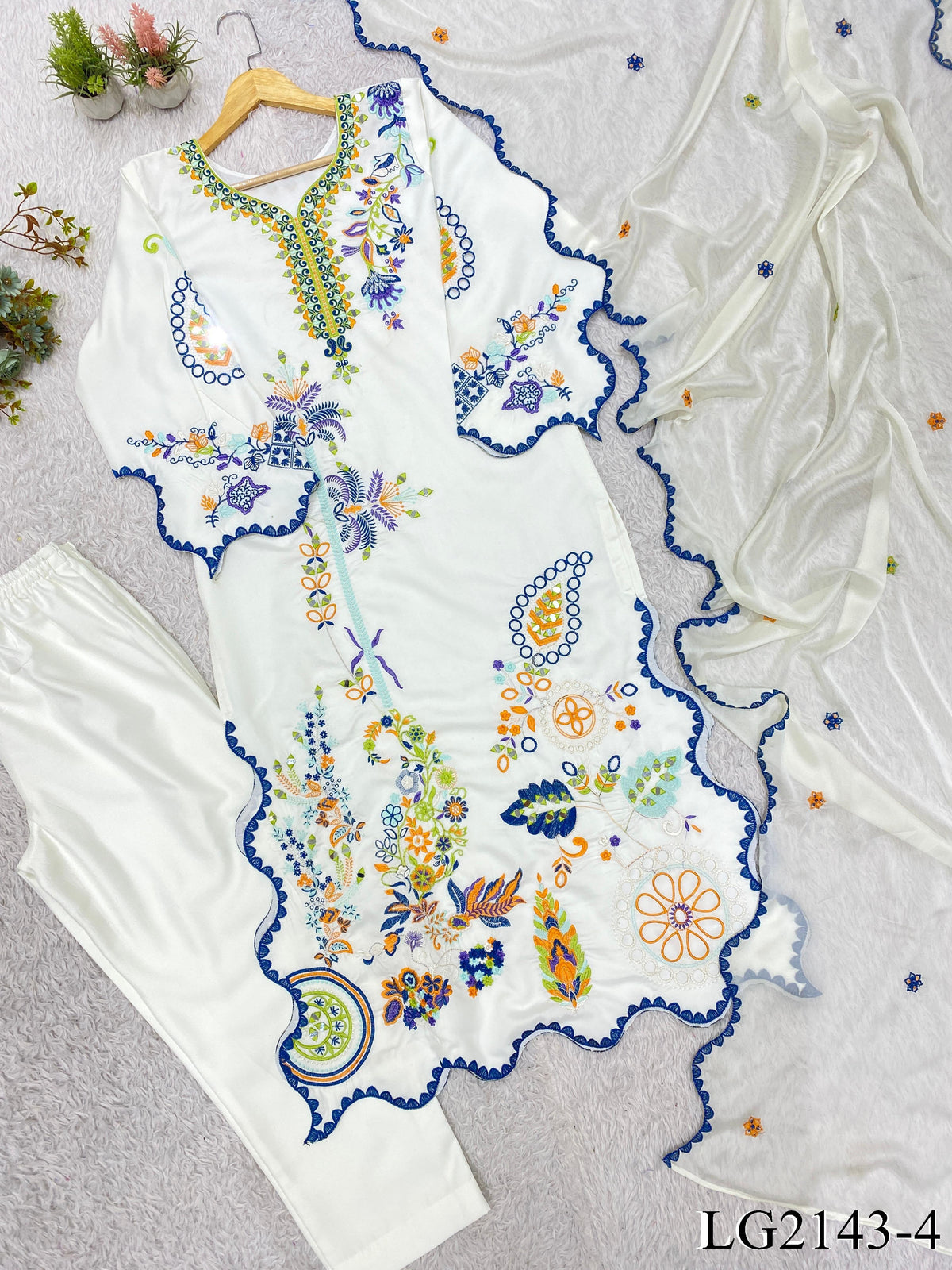 Star Silk Top Pant Set with Mirror Embroidery & Cutwork Dupatta