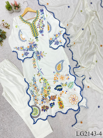 Star Silk Top Pant Set with Mirror Embroidery & Cutwork Dupatta